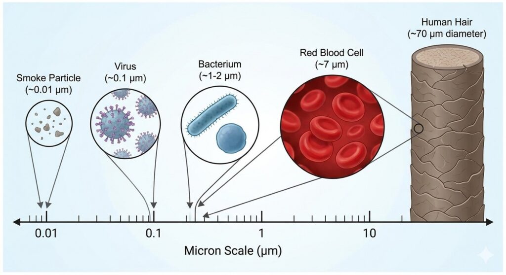 Micron size scale comparison of 0.01 to 5 micron particles vs human hair for air compressor filtration