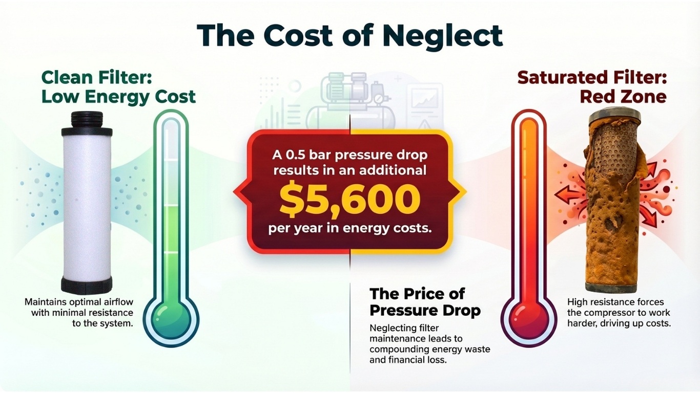 The relationship between compressed air filter pressure drop and increased electricity costs